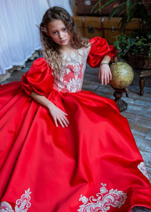Red Satin Gold Lace Adorable Flower Girl Dress